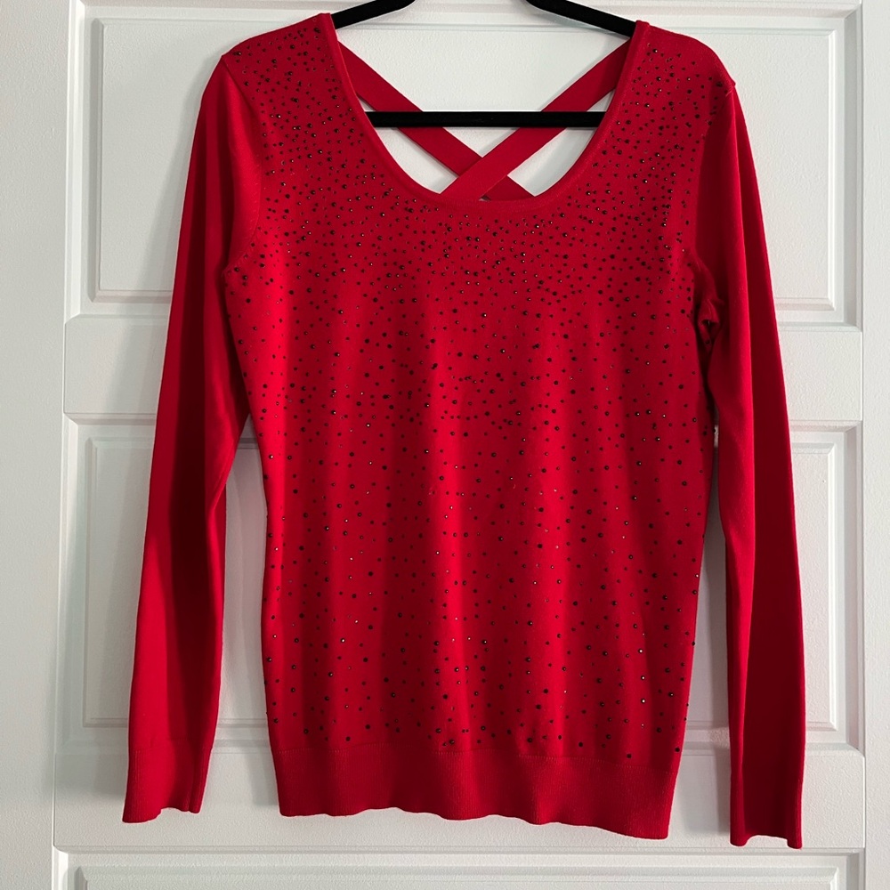 Cable & Gauge Red Crisscross Back Sweater w’ Front Black beads